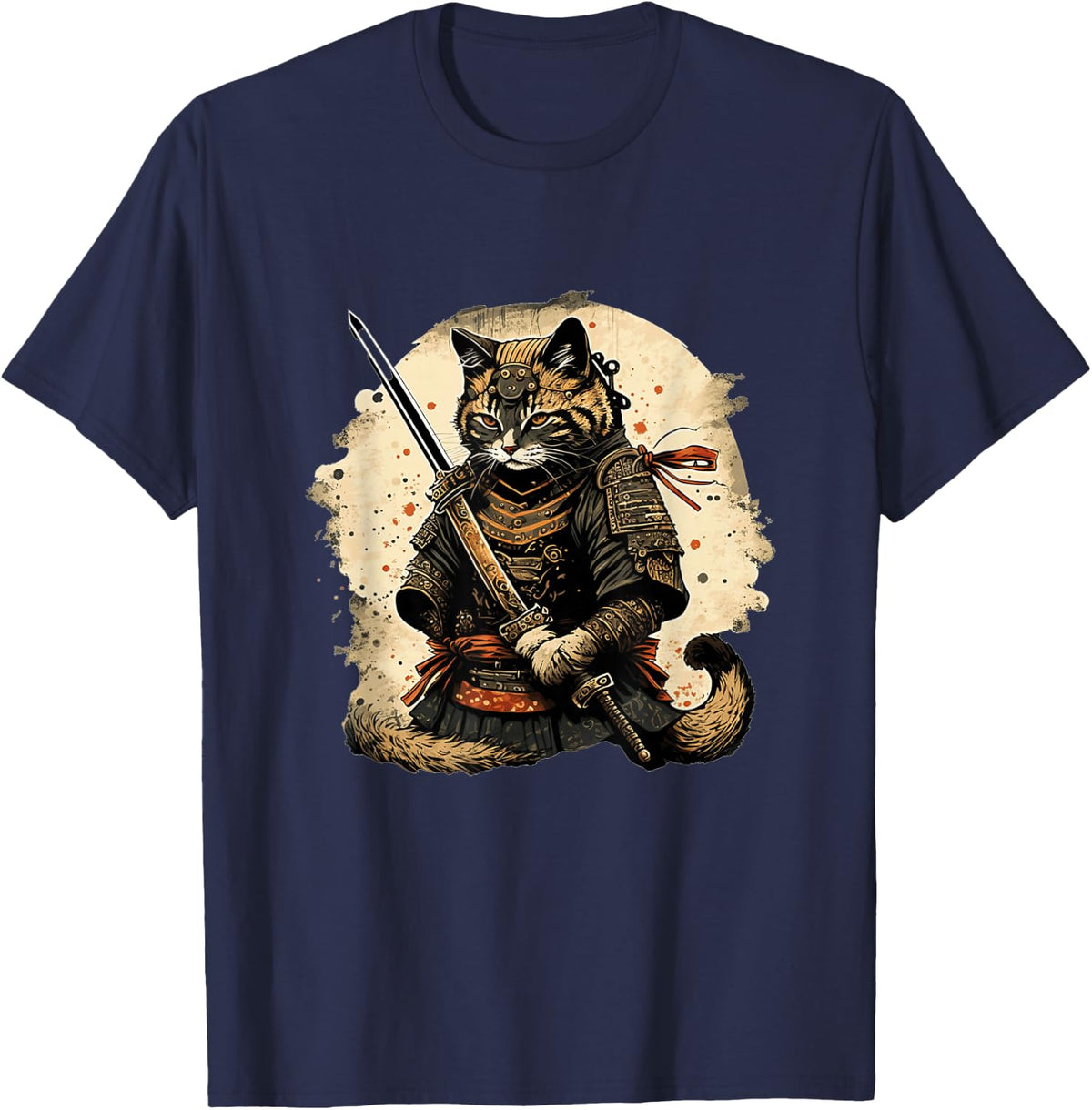 Japanese Cat Samurai Katana Sameowrai Anime T-Shirt - Navy Blue