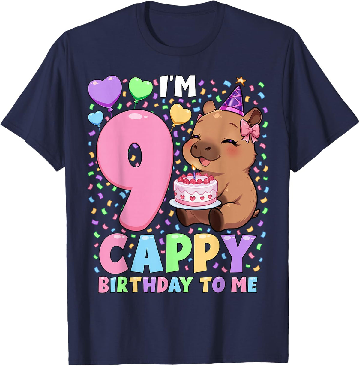 Capybara Birthday Shirt 9 Kawaii Girl Tee 9th Birthday T-Shirt for Girls Kids - Navy Blue