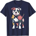 Girls Flower Love Dogs Floral Women's Cute Pitbull Dog Mom T-Shirt - Navy Blue