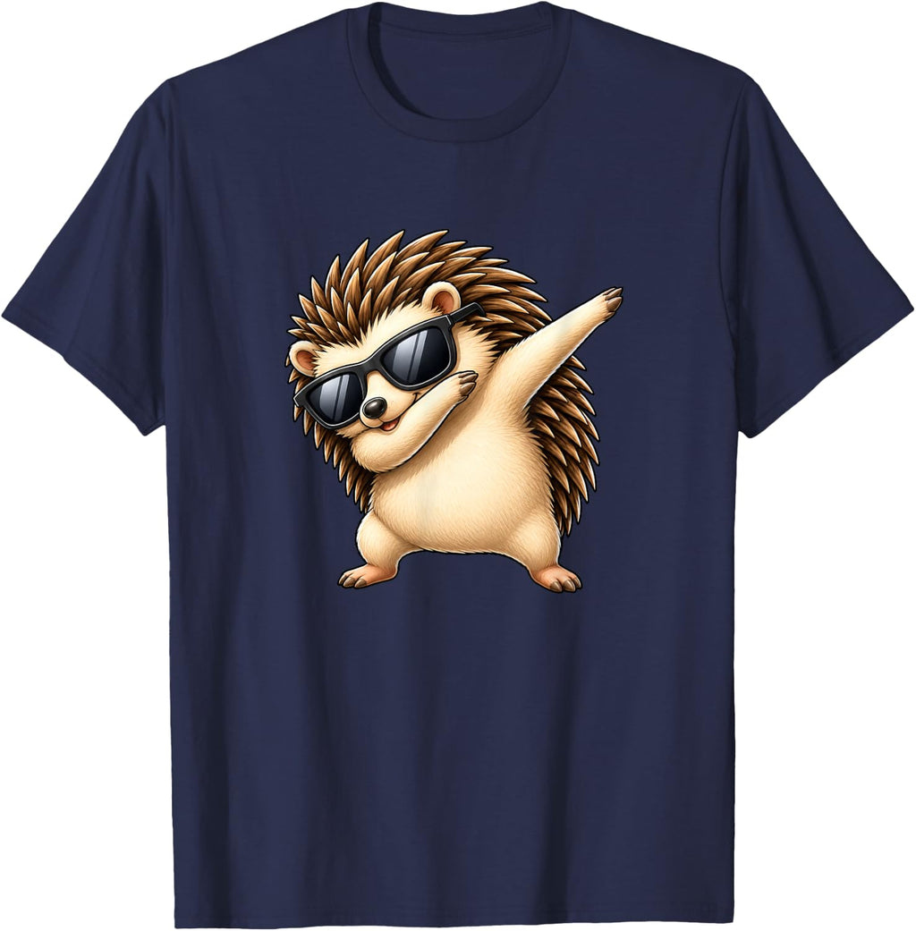 Funny Hedgehog Dab Sunglasses Cartoon Design T-Shirt - Navy Blue