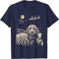Christmas Goldendoodle Santa Selfie Flying Reindeer T-Shirt - Navy Blue