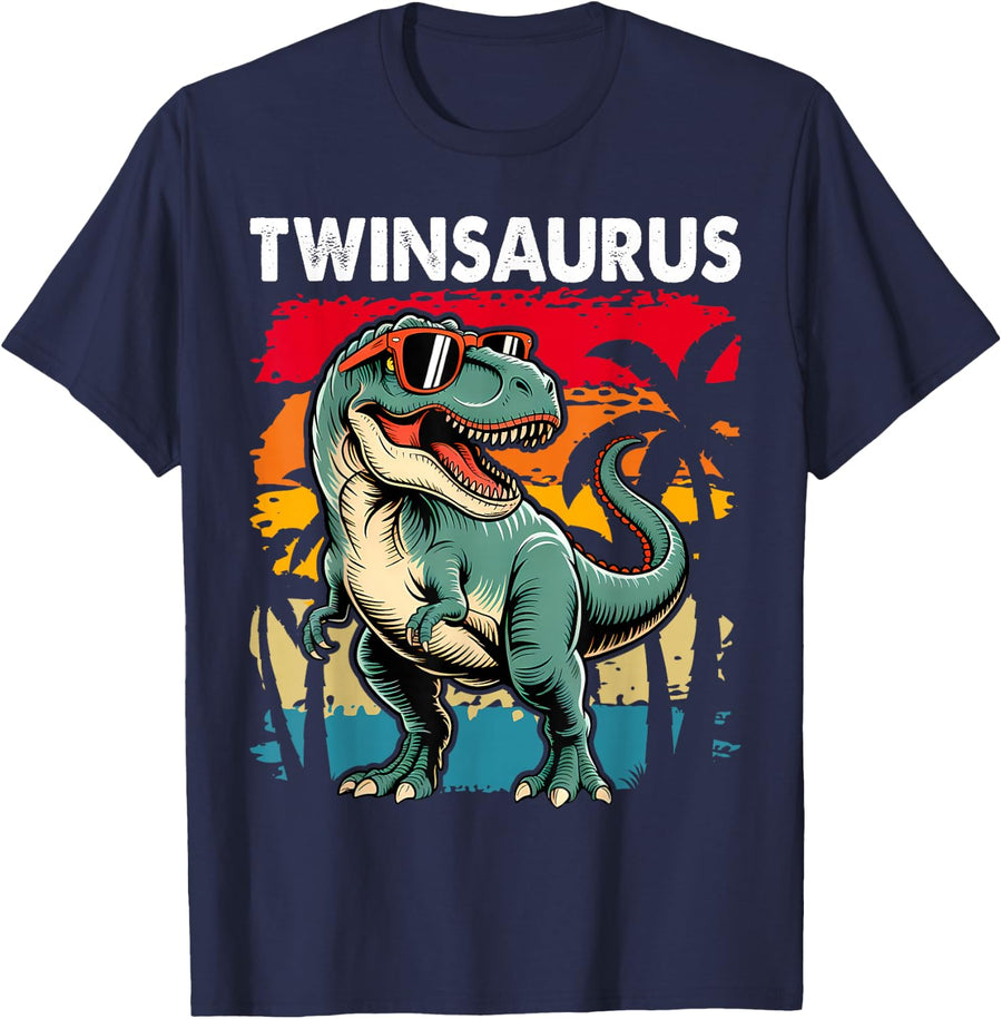 Twinsaurus T Rex Dinosaur Twin Saurus Family Matching T-Shirt - Navy Blue