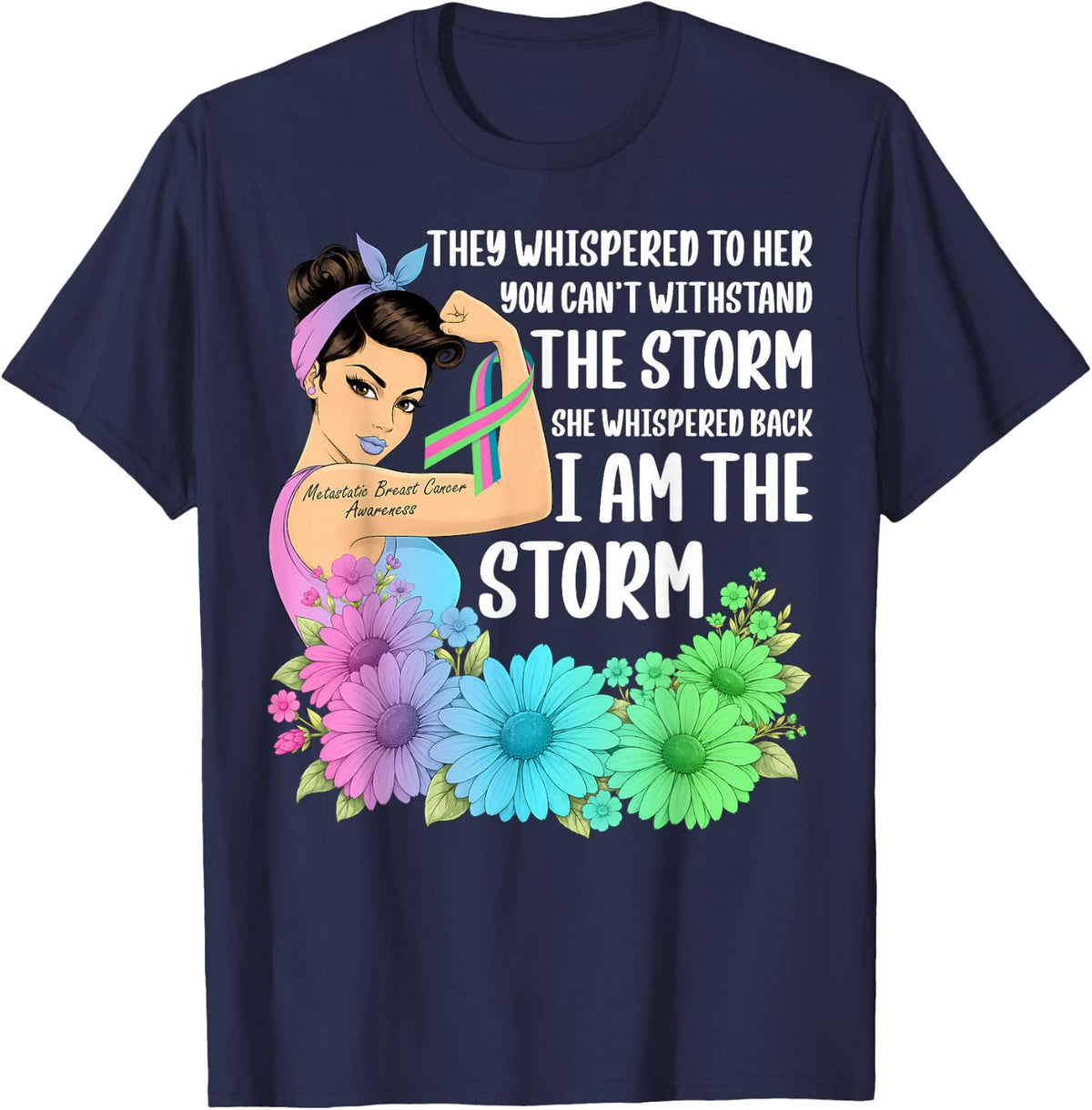 Metastatic Breast Cancer Warriors Pink Teal & Green Ribbon T-Shirt - Navy Blue