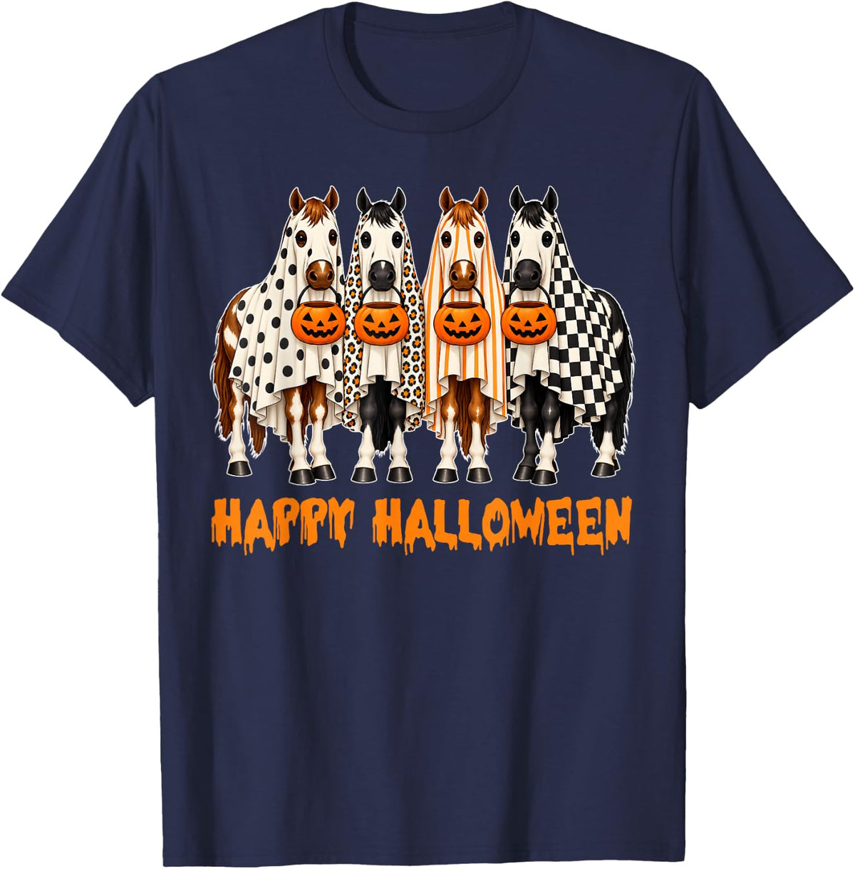 Happy Halloween Horse Ghost Pumpkin Halloween T-Shirt - Navy Blue