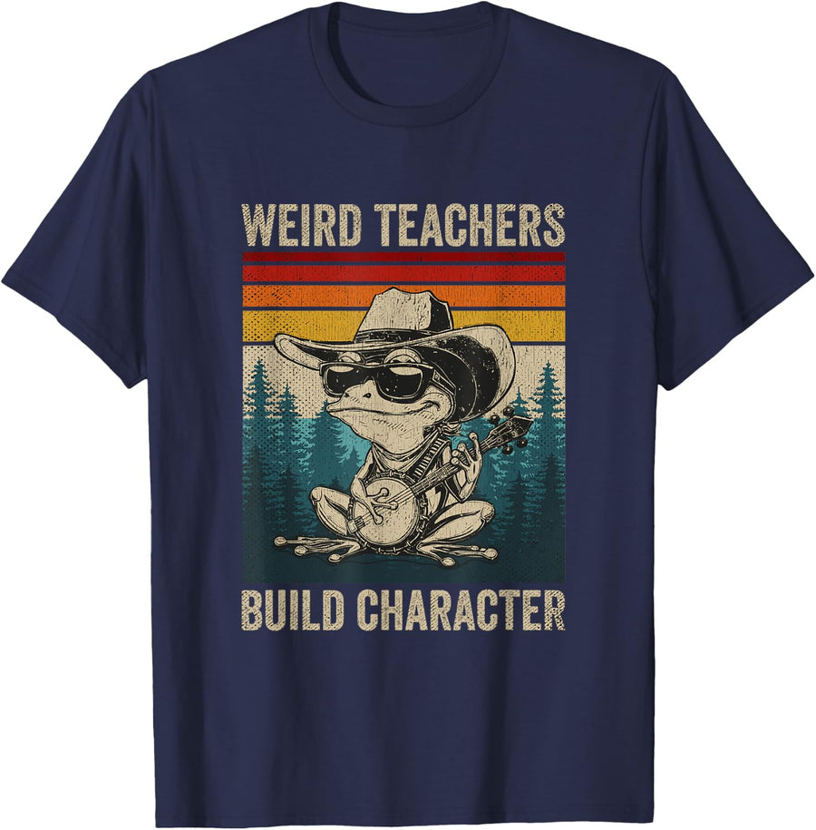 Weird Teachers Build Character Funny Teacher Retro Frog T-Shirt - Navy Blue