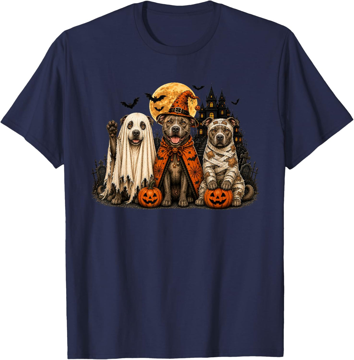Cute Halloween Pitbull Dog Ghost Witch Mummy Vintage T-Shirt - Navy Blue