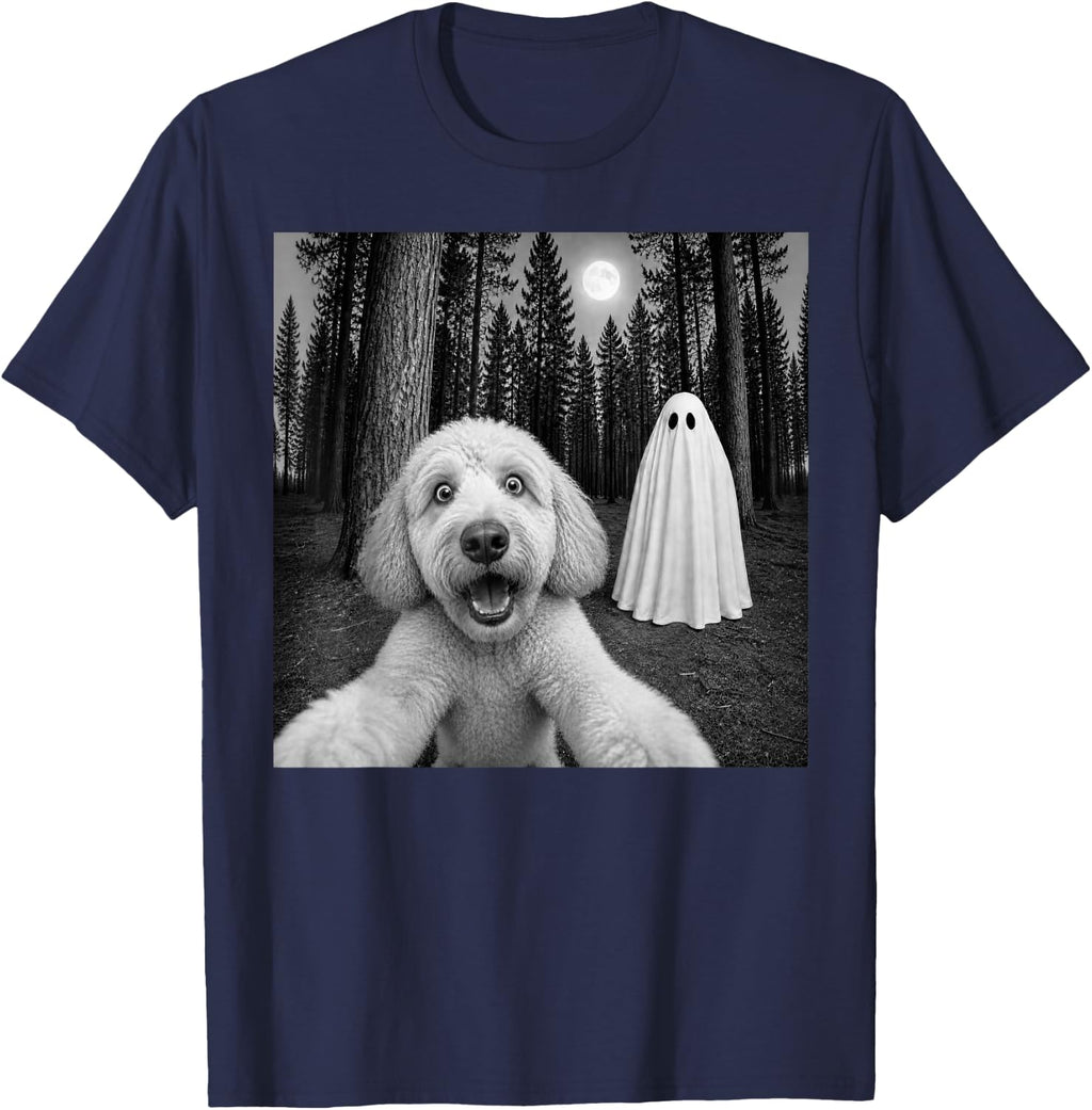 Spooky Goldendoodle Selfie with Ghost Halloween Dog T-Shirt - Navy Blue