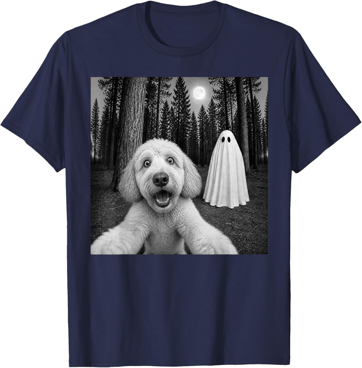 Spooky Goldendoodle Selfie with Ghost Halloween Dog T-Shirt - Navy Blue