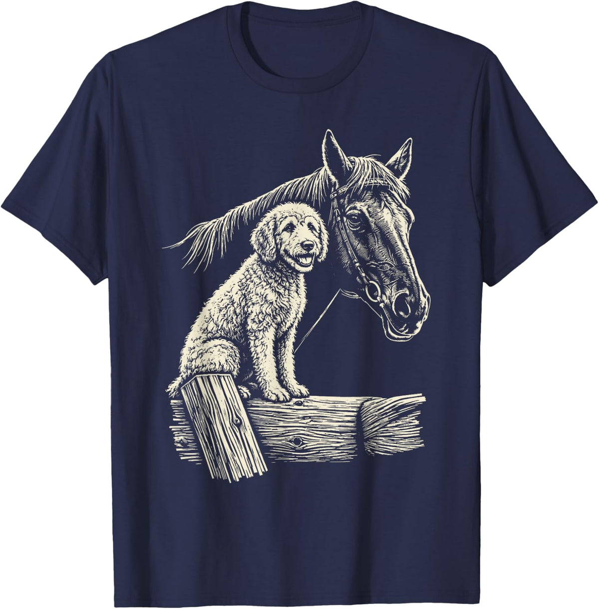 Cute Horse and Goldendoodle Dog Line Art Sketch Design T-Shirt - Navy Blue