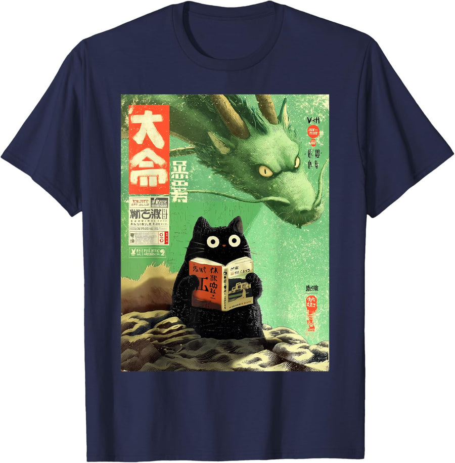 Japanese Black Cat Dad Book Lover Dragon Fantasy Reading T-Shirt - Navy Blue