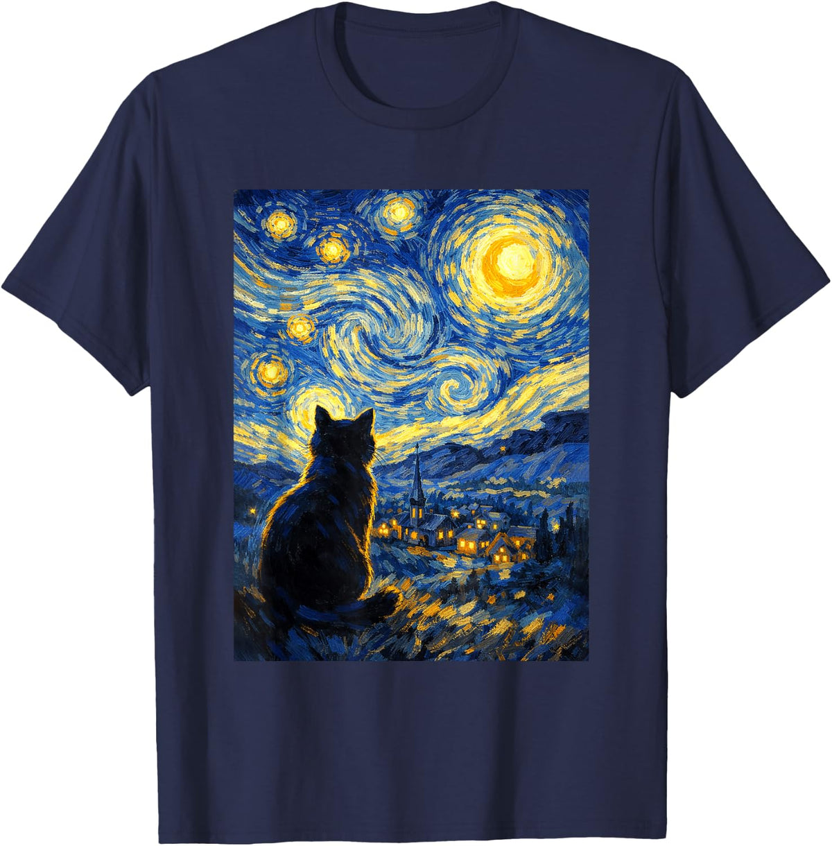 Cute Peaceful Black Cat Van Gogh Starry Night Inspired Art T-Shirt - Navy Blue
