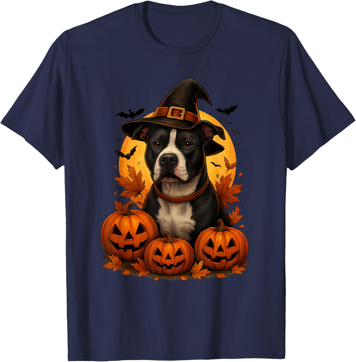 Halloween Pitbull Witch Hat Pumpkin Dog Lover T-Shirt - Navy Blue