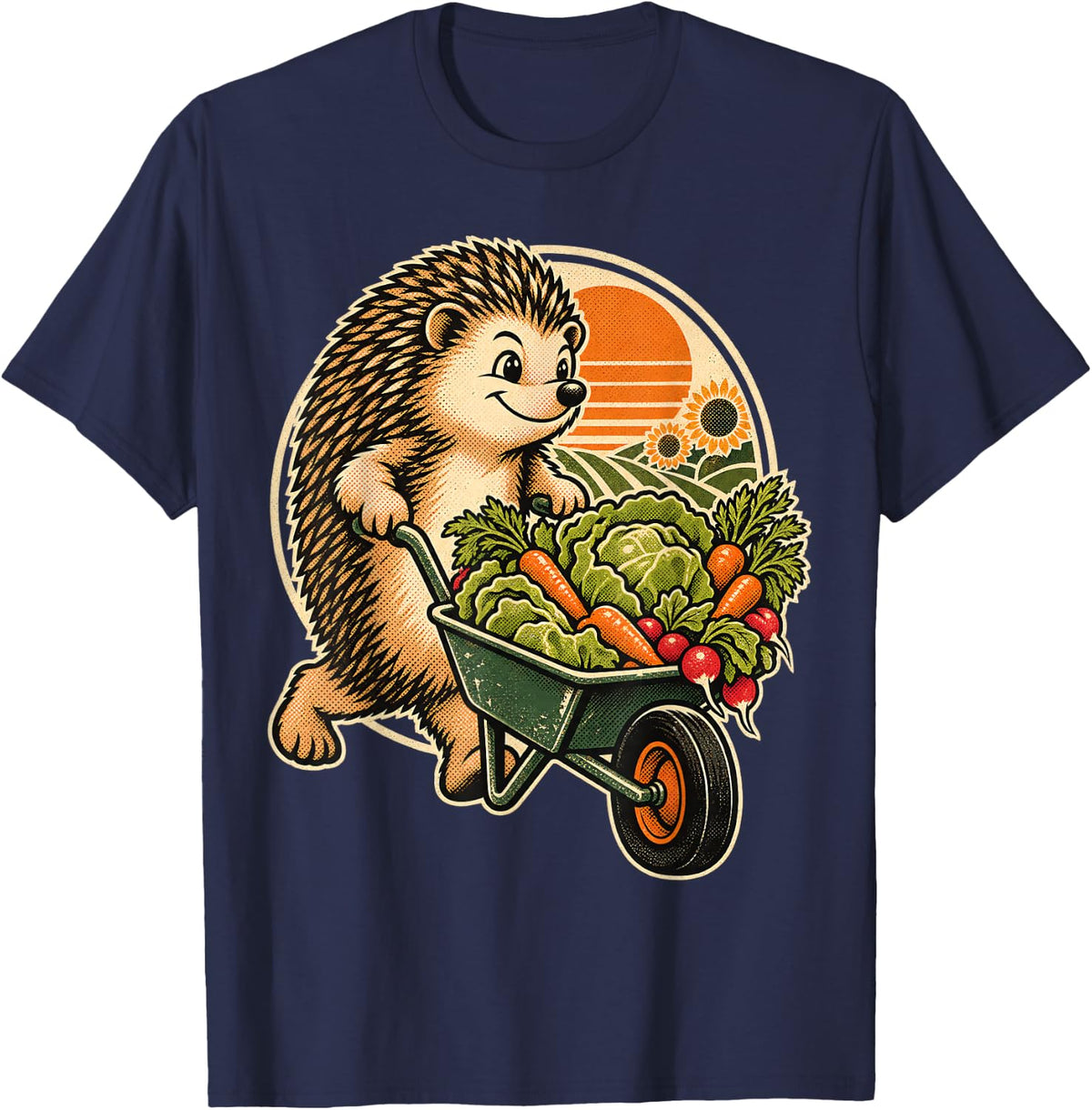 Gardening Hedgehog with Veggie Wheelbarrow T-Shirt - Navy Blue
