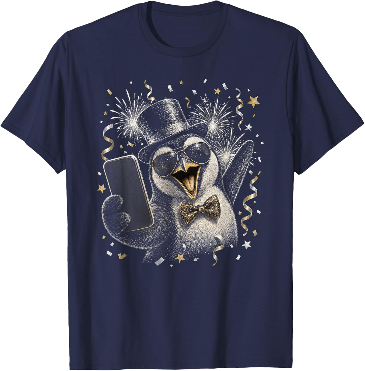 New Year's Eve Penguin Selfie Fireworks T-Shirt - Navy Blue