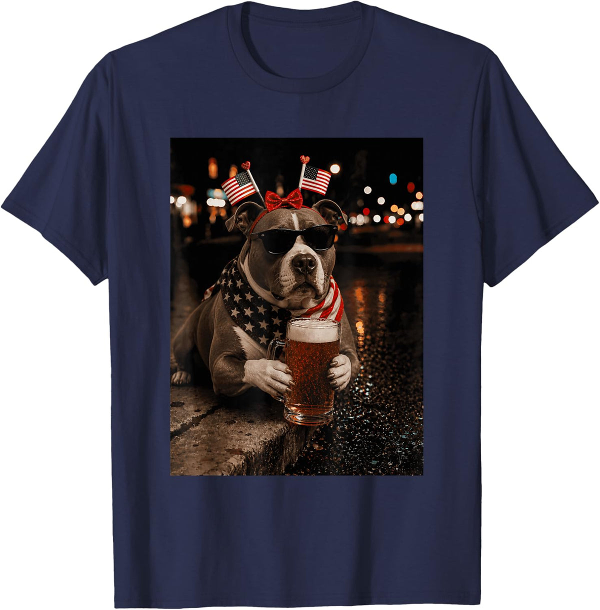Funny Animal Pitbull Meme Drinking Beer 4th of July T-Shirt - Navy Blue