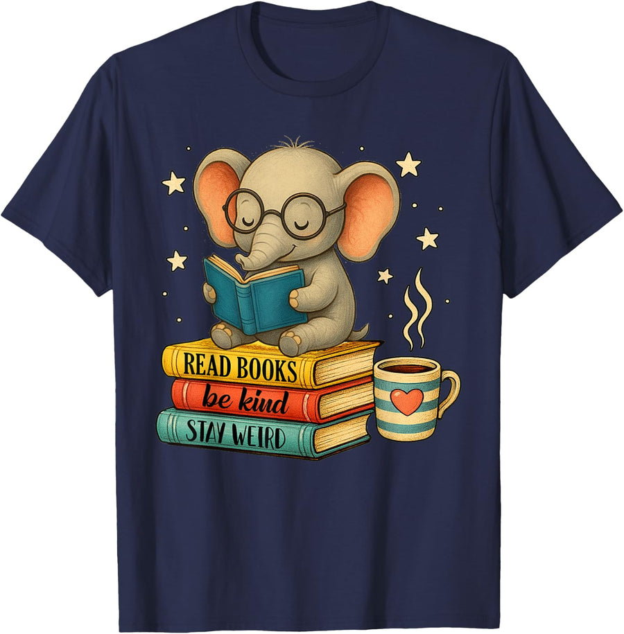 Book Lover Elephant Reading Books Library Read Books Be Kind T-Shirt - Navy Blue