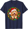 Goldendoodle Christmas Wreath with Santa Hat Portrait T-Shirt - Navy Blue