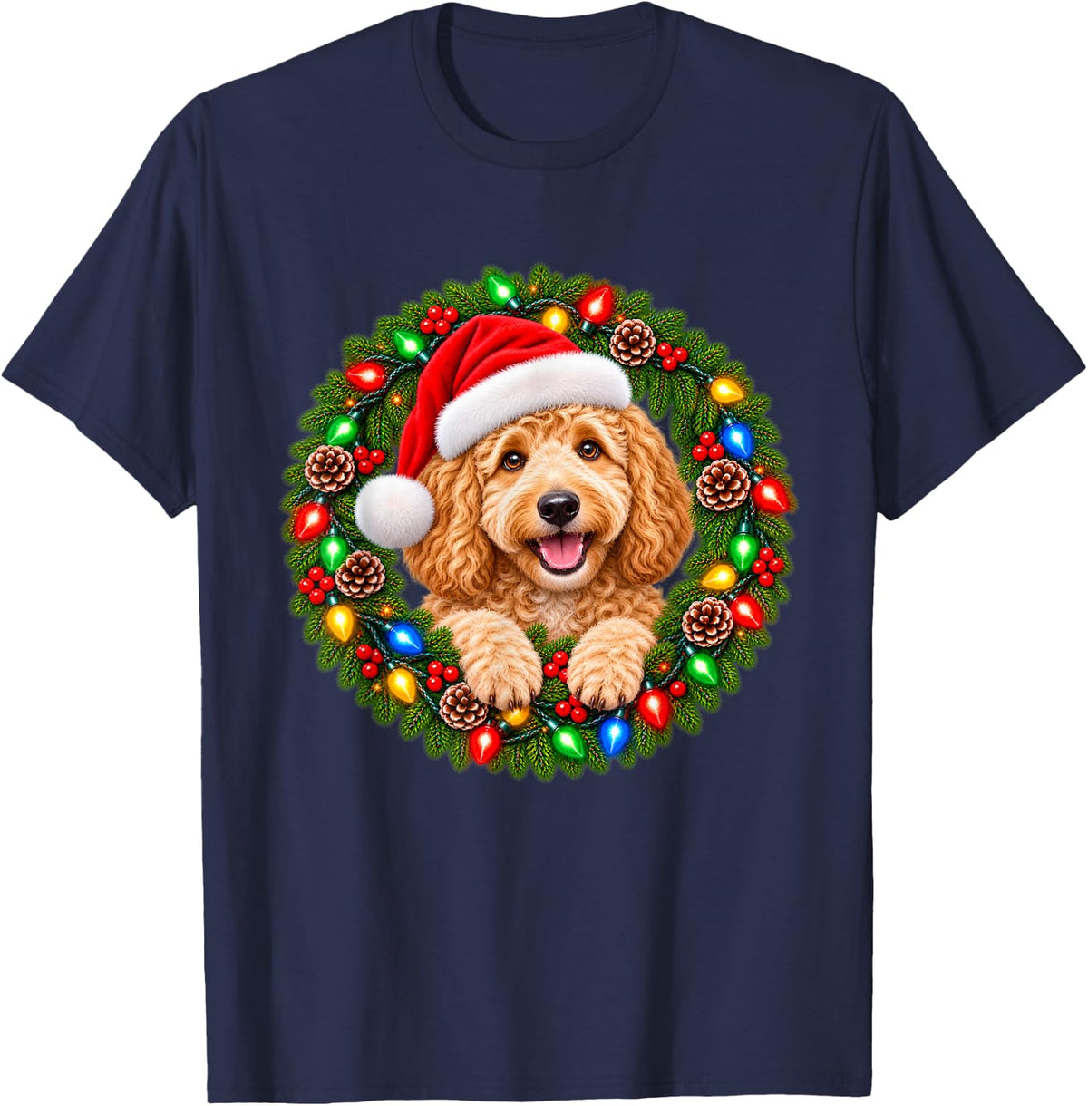 Goldendoodle Christmas Wreath with Santa Hat Portrait T-Shirt - Navy Blue