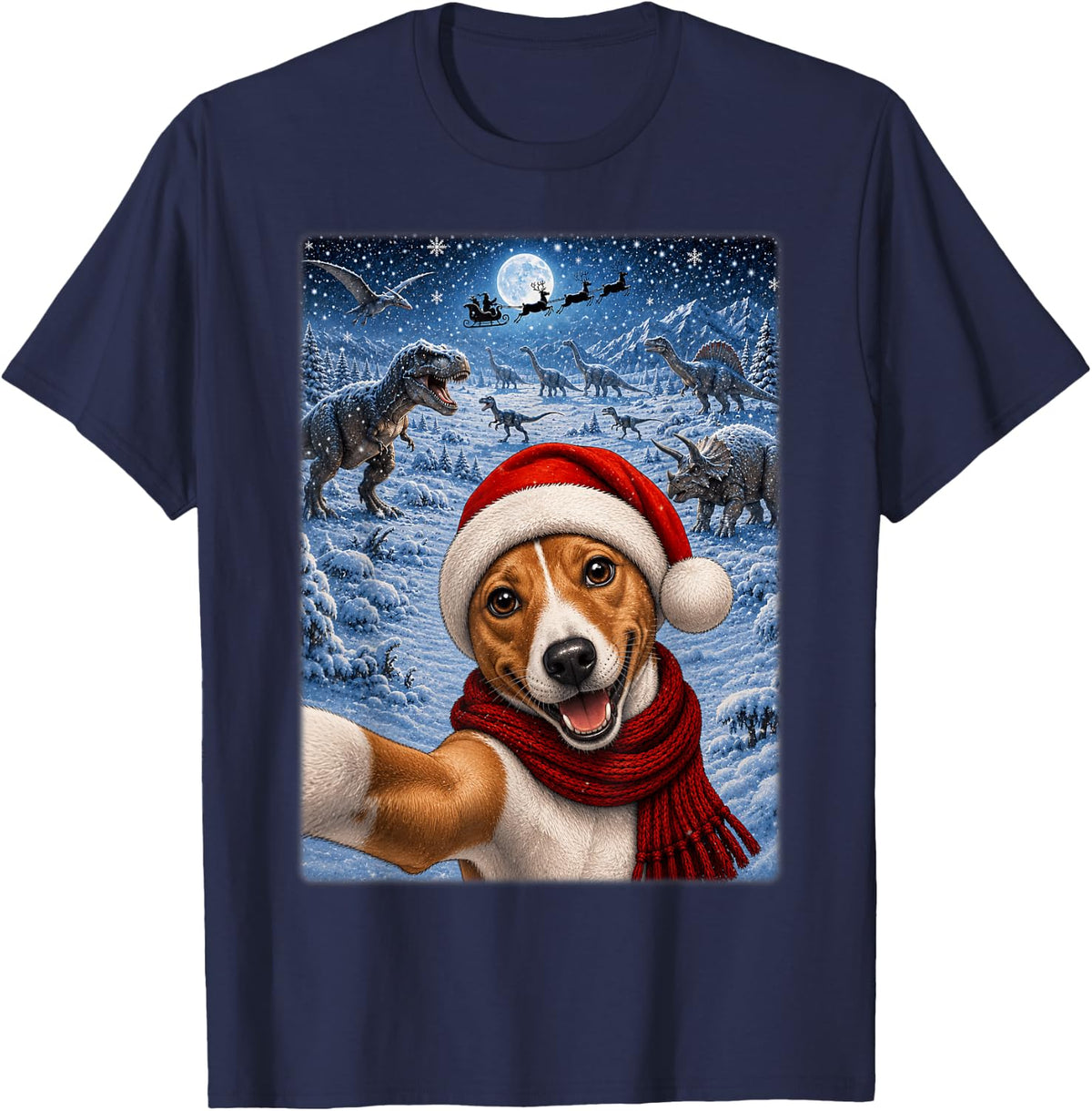 Basenji Dog Christmas Moon Night Starry Dinosaurs Xmas T-Shirt - Navy Blue