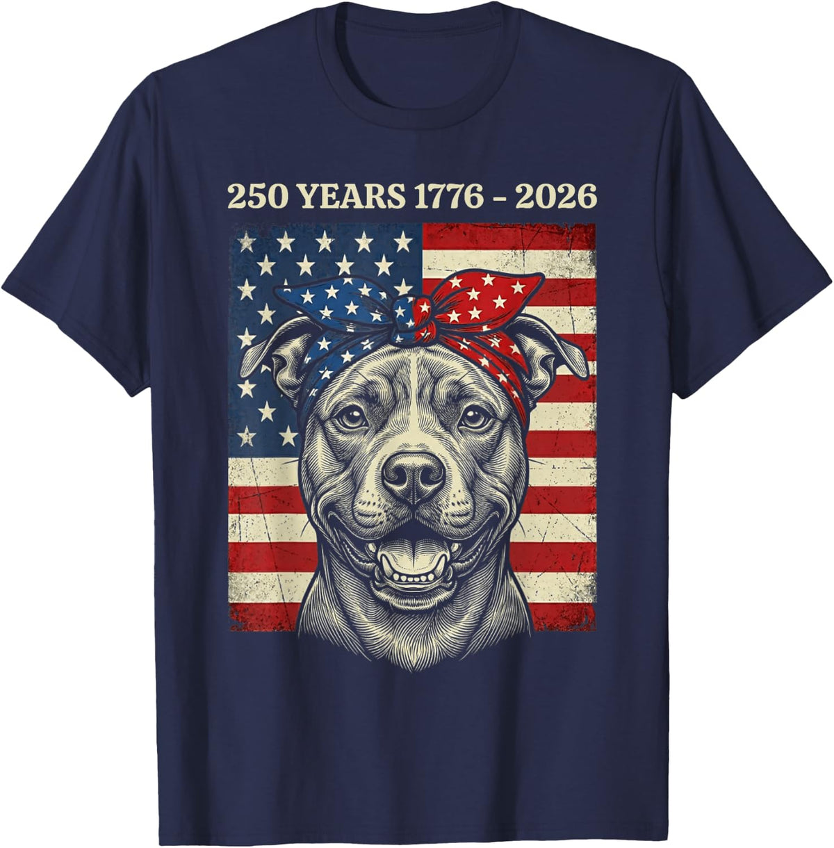 Pitbull American Flag 250 Years 1776-2026 Patriot Tees T-Shirt - Navy Blue