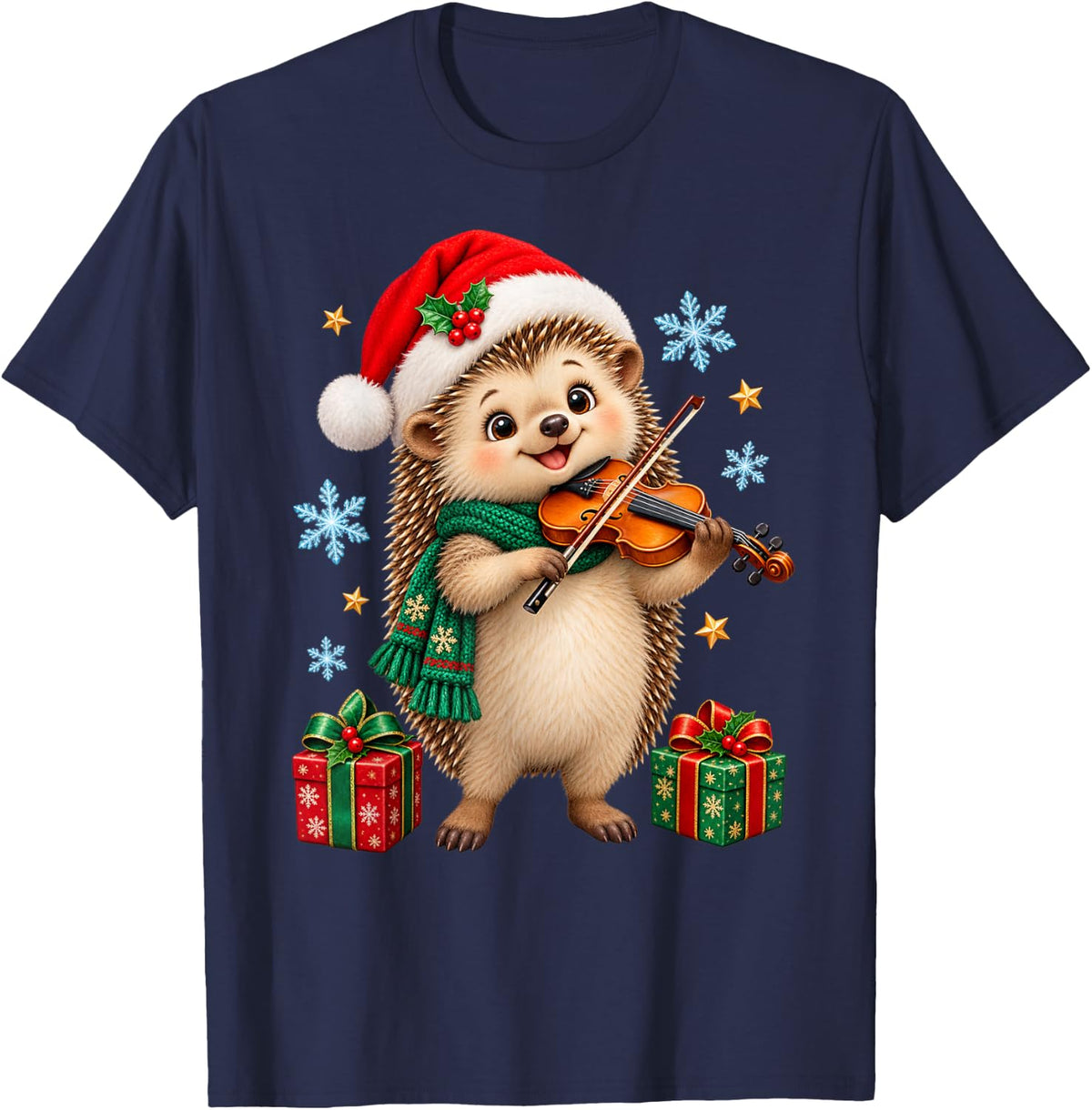 Christmas Violin Hedgehog Design for Kids and Teens T-Shirt - Navy Blue