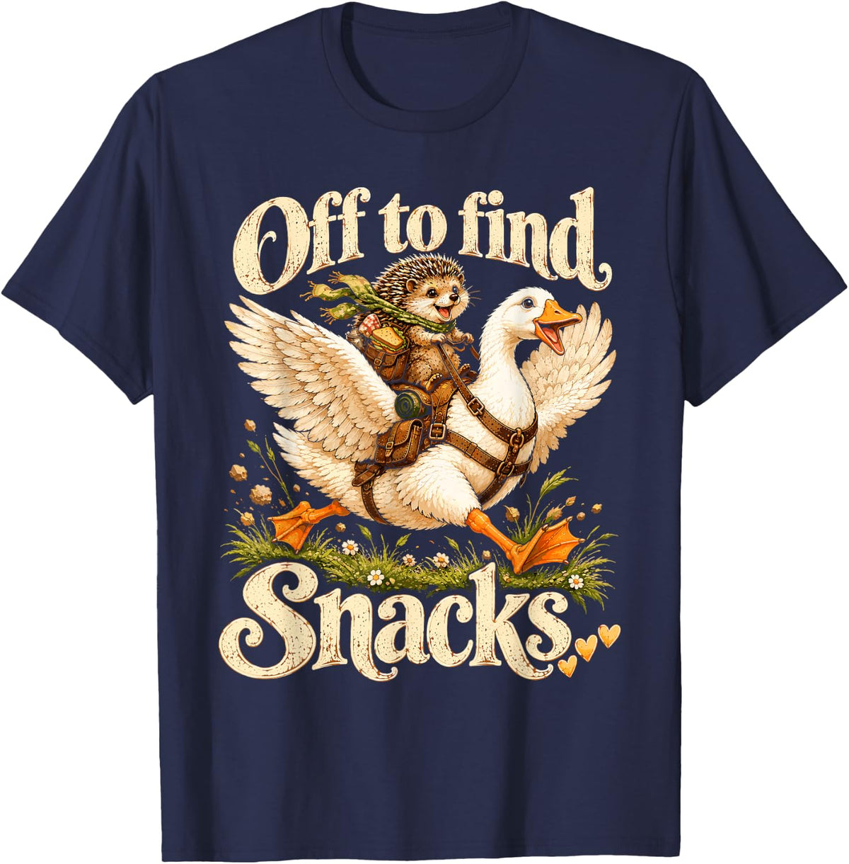 Off to Find Snacks Hedgehog Goose Adventure T-Shirt - Navy Blue