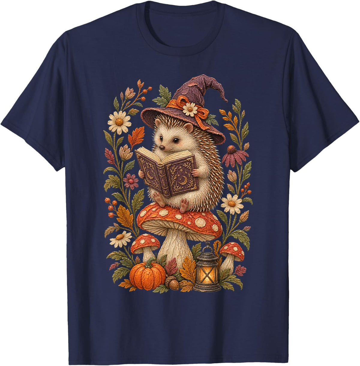 Chunky Paint Hedgehog Witch Reading Grimoire Mushroom Tee T-Shirt - Navy Blue