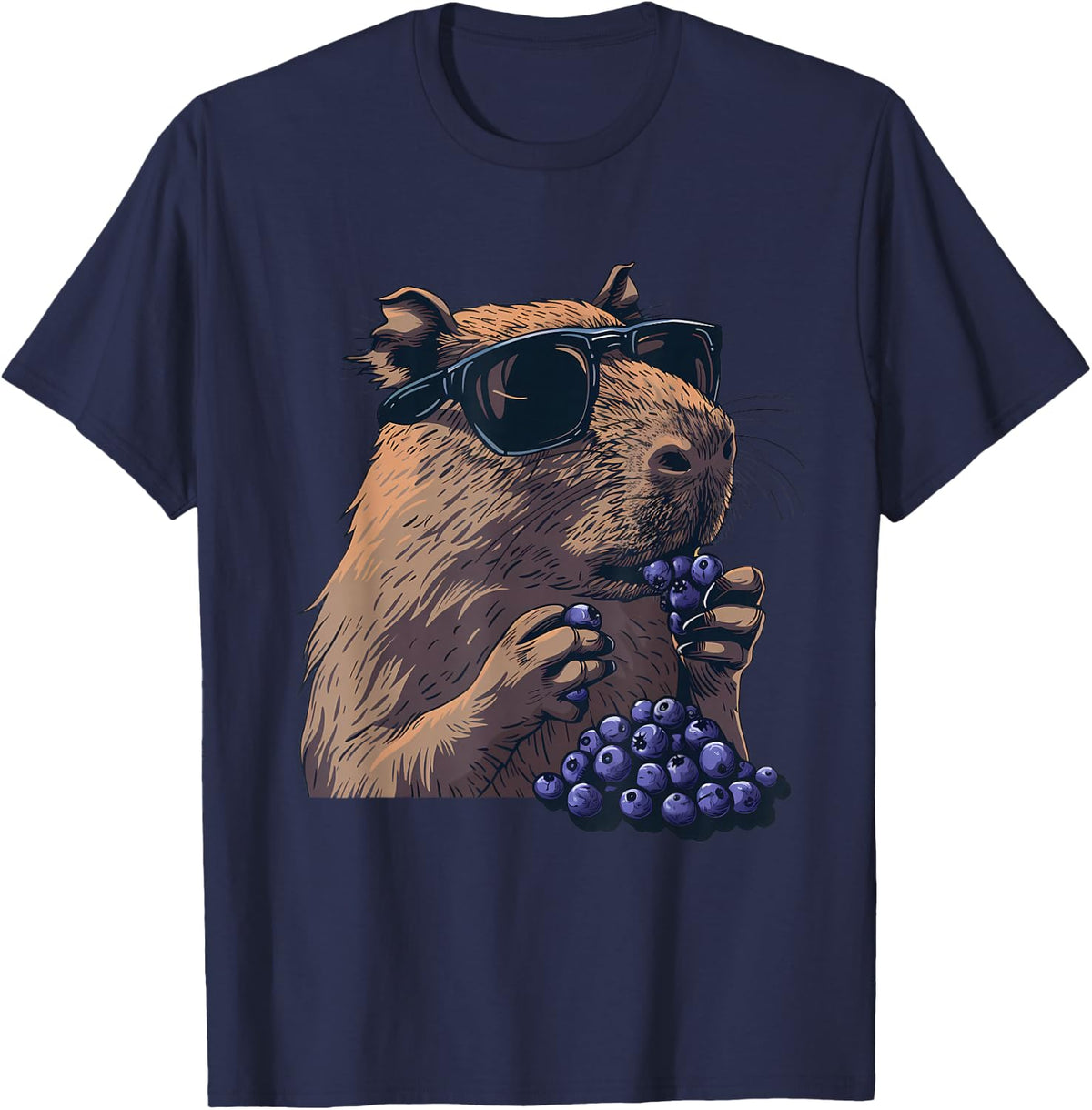 Blueberry Capybara Sunglasses Drawing Artwork Portrait T-Shirt - Navy Blue