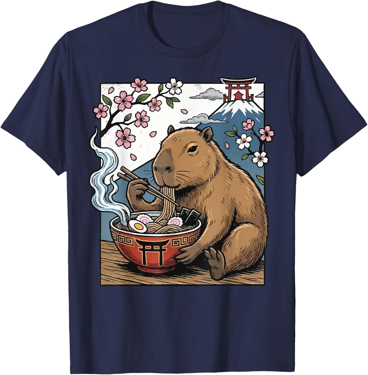 Capybara Eating Ramen T-Shirt Cute Kawaii Japanese Anime Tee - Navy Blue