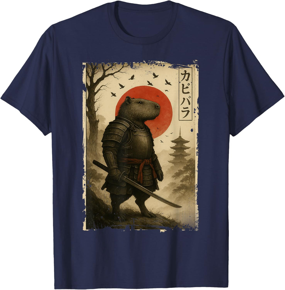 Retro Rodent Capybara Ninja Art Japanese Capybara Samurai Tees T-Shirt - Navy Blue