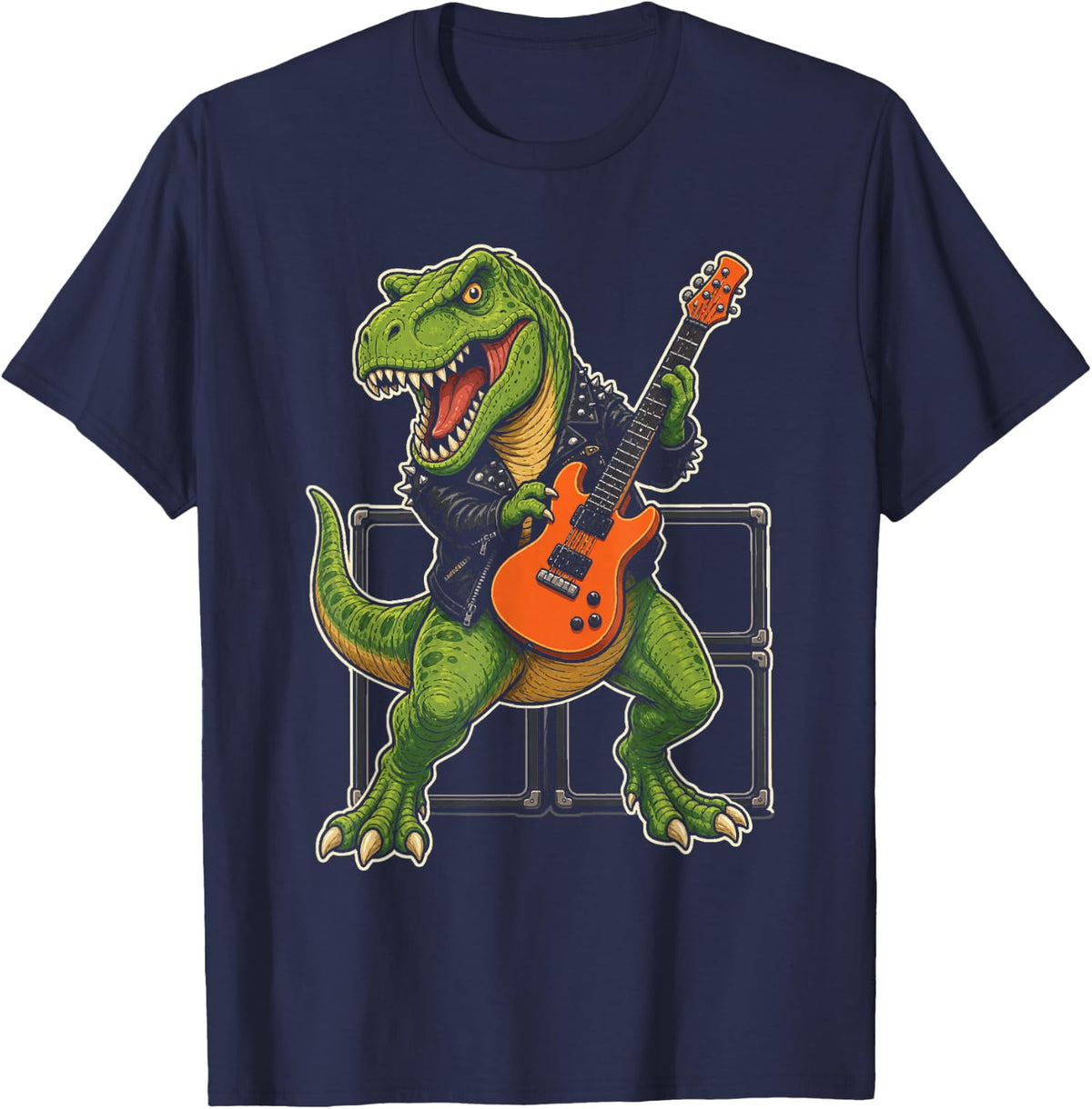 Guitar Dinosaur Rock and Roll Guitarist Graphic Art T-Shirt - Navy Blue
