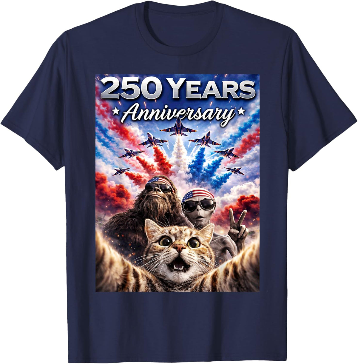 250 Years Cat Selfie Bigfoot and Alien American Flag T-Shirt - Navy Blue
