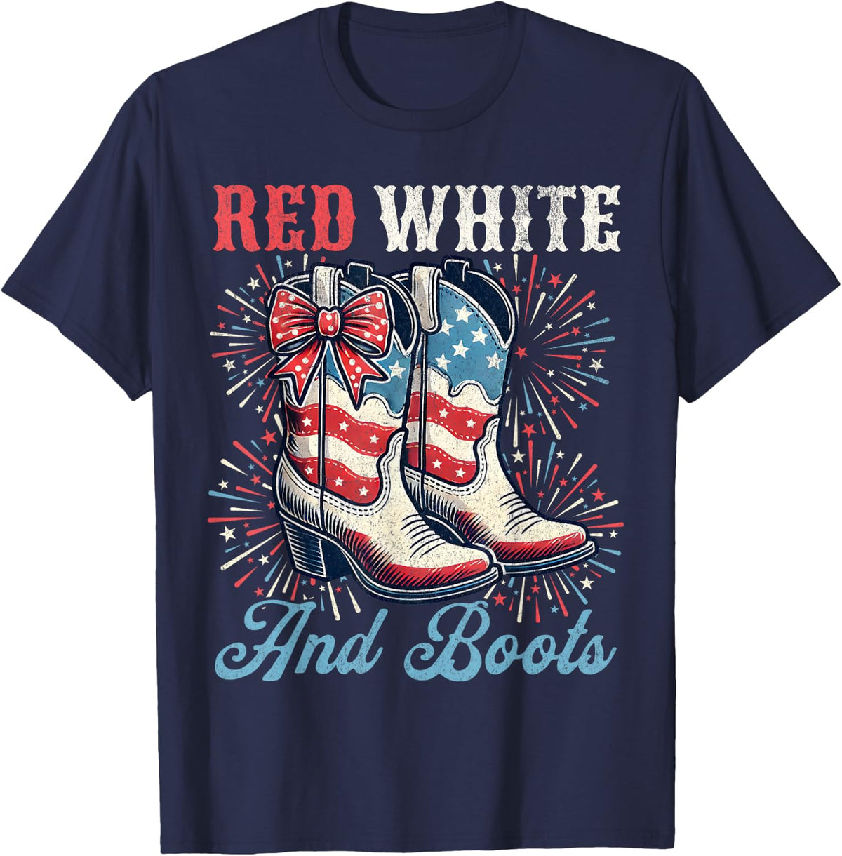 Red White And Boots Cute Coquette Cowgirl Independence Day T-Shirt - Navy Blue
