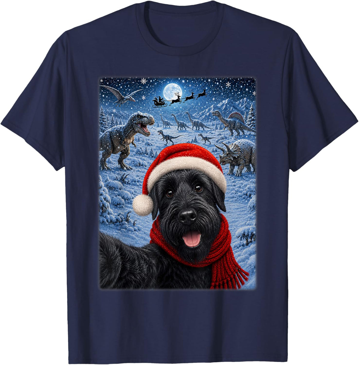 Giant Schnauzer Dog Christmas Moon Night Dinosaurs Xmas T-Shirt - Navy Blue