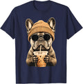 French Bulldog Hipster Dog Drinking Iced Coffee Sunglasses T-Shirt - Navy Blue