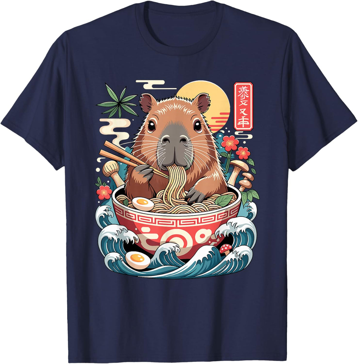 Cute Capybara Eating Ramen Bowl Japanese Waves T-Shirt - Navy Blue