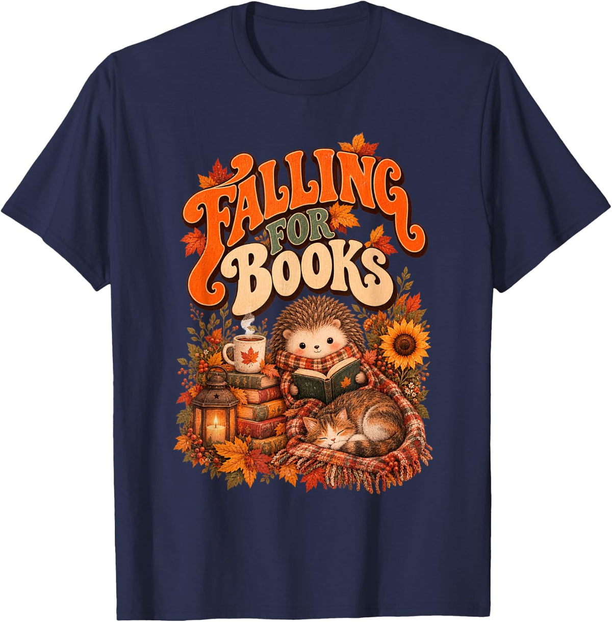 Vintage Fall Reading Hedgehog Cat Books Cozy Autumn Graphic T-Shirt - Navy Blue