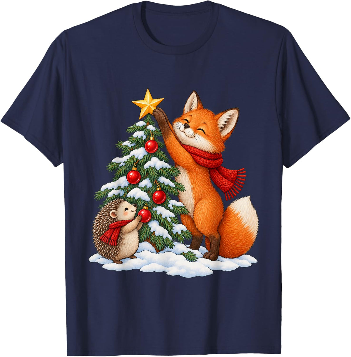 Christmas Fox and Hedgehog Christmas Tree Cute Animals Art T-Shirt - Navy Blue