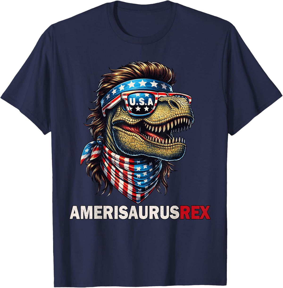 Amerisaurus T-Rex Patriotic USA Flag 4th of July Dinosaur T-Shirt - Navy Blue
