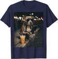 Pitbull Dog Drinking Iced Coffee Using Phone Meme Funny Tee T-Shirt - Navy Blue