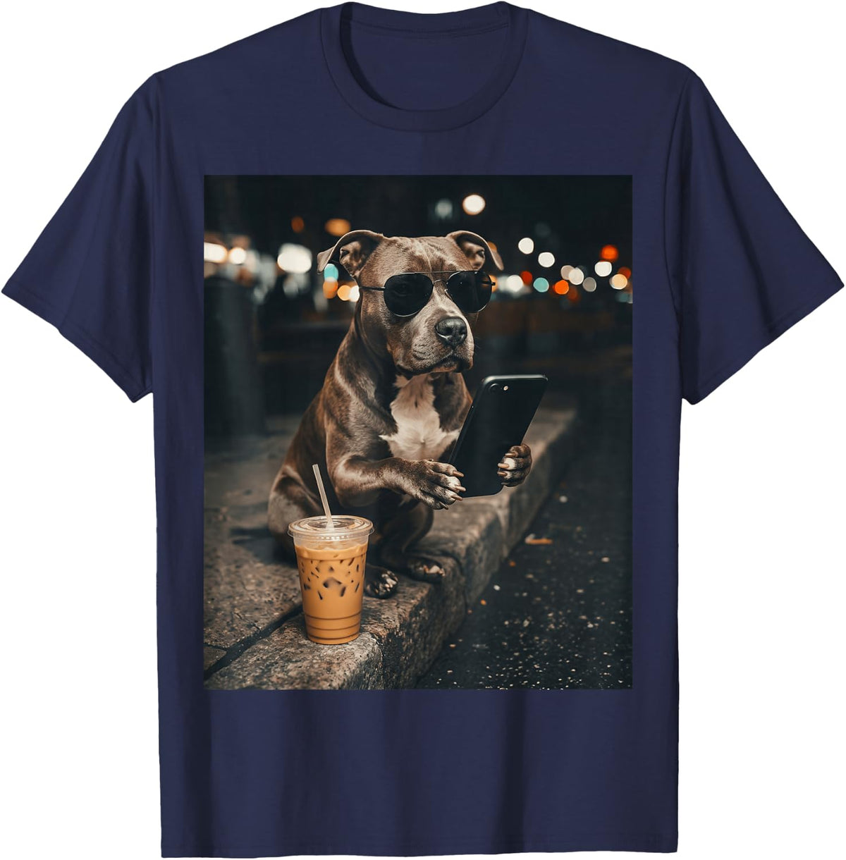 Pitbull Dog Drinking Iced Coffee Using Phone Meme Funny Tee T-Shirt - Navy Blue