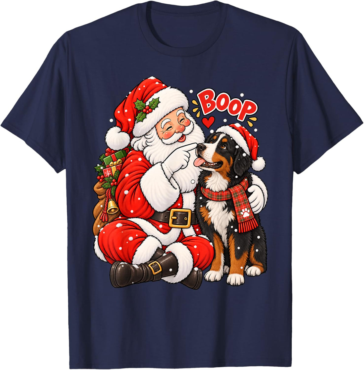 Funny Bernese Mountain Dog Boop Santa Christmas T-Shirt - Navy Blue