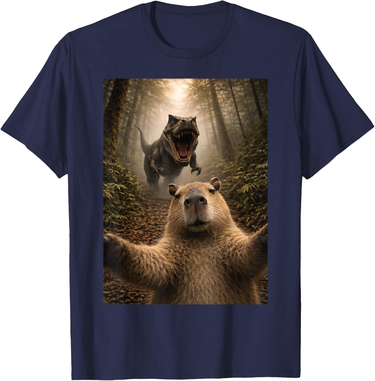 Funny Capybara Selfie with T-Rex Dinosaur Capybaras Lover T-Shirt - Navy Blue