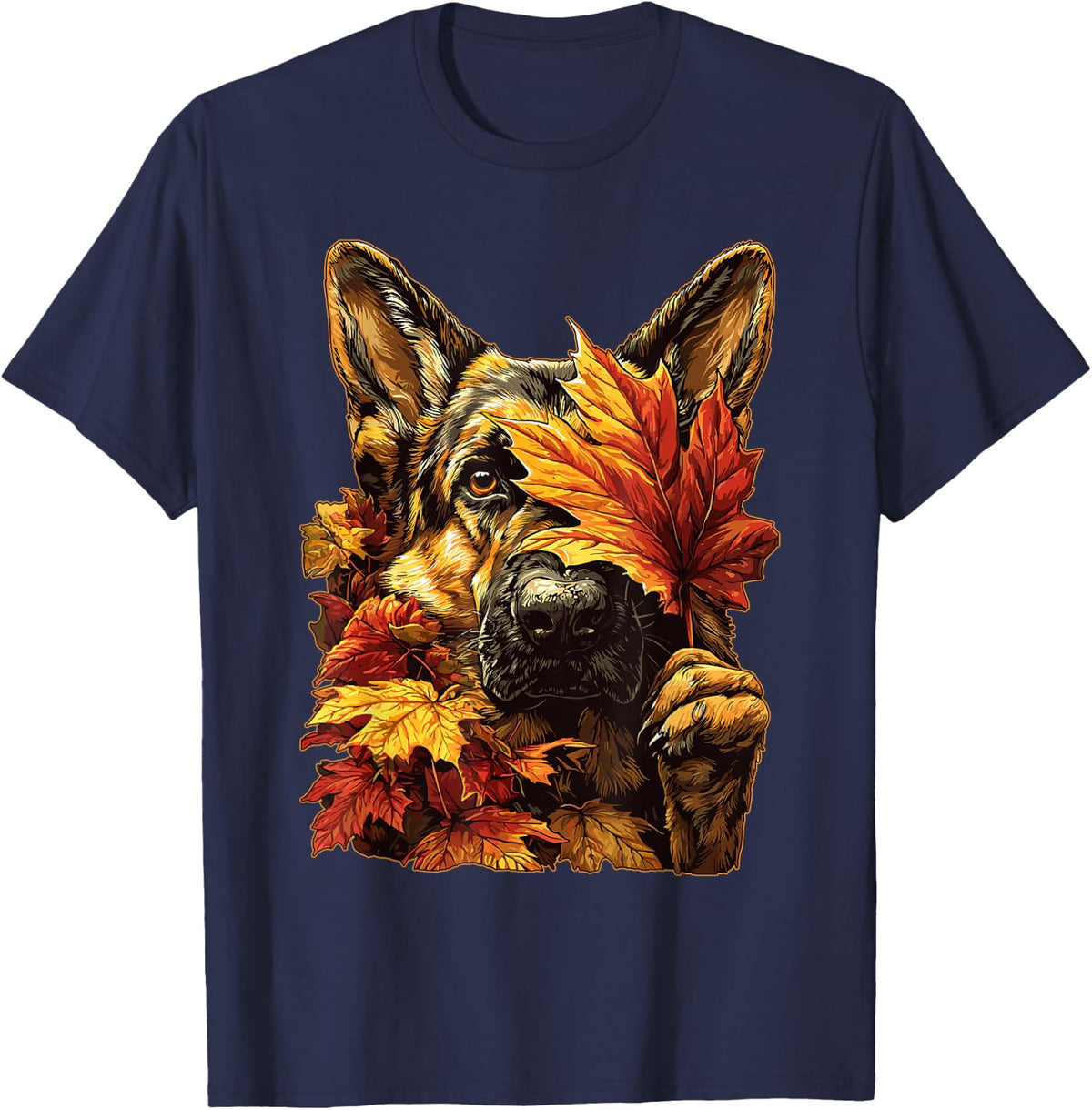 Fall German Shepherd with Maple Leaves Cute Autumn Dog T-Shirt - Navy Blue