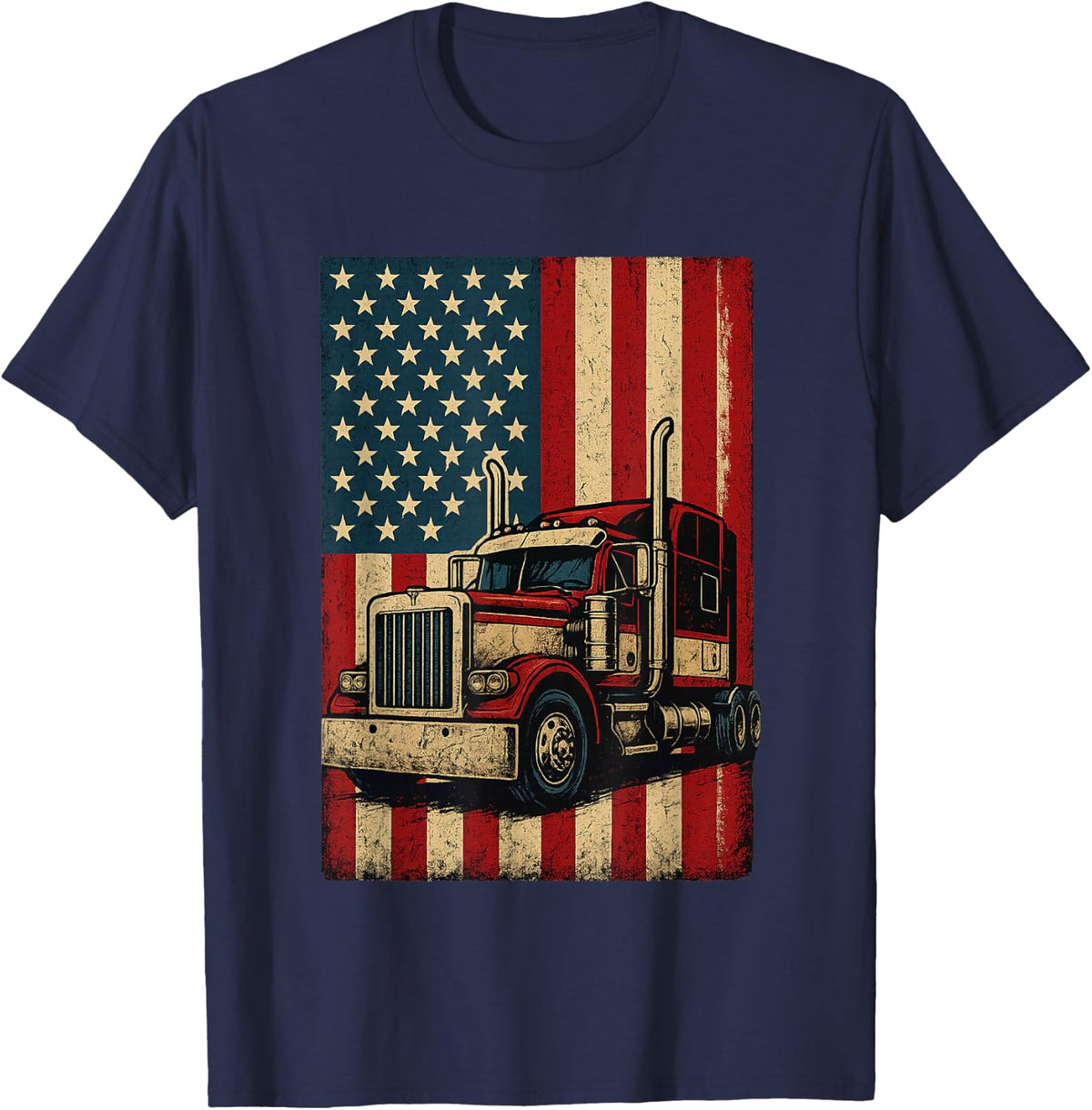 Truck Driver USA Flag Patriotic Trucker T-Shirt - Navy Blue