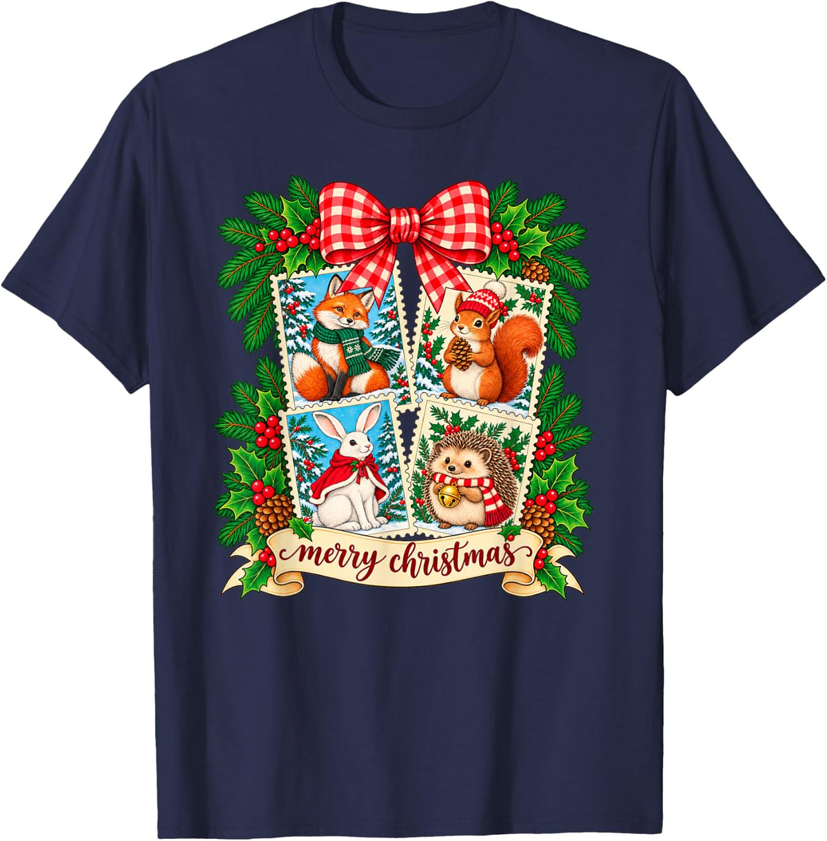 Christmas Cute Fox Squirrel Rabbit Hedgehog Stamp Collage T-Shirt - Navy Blue