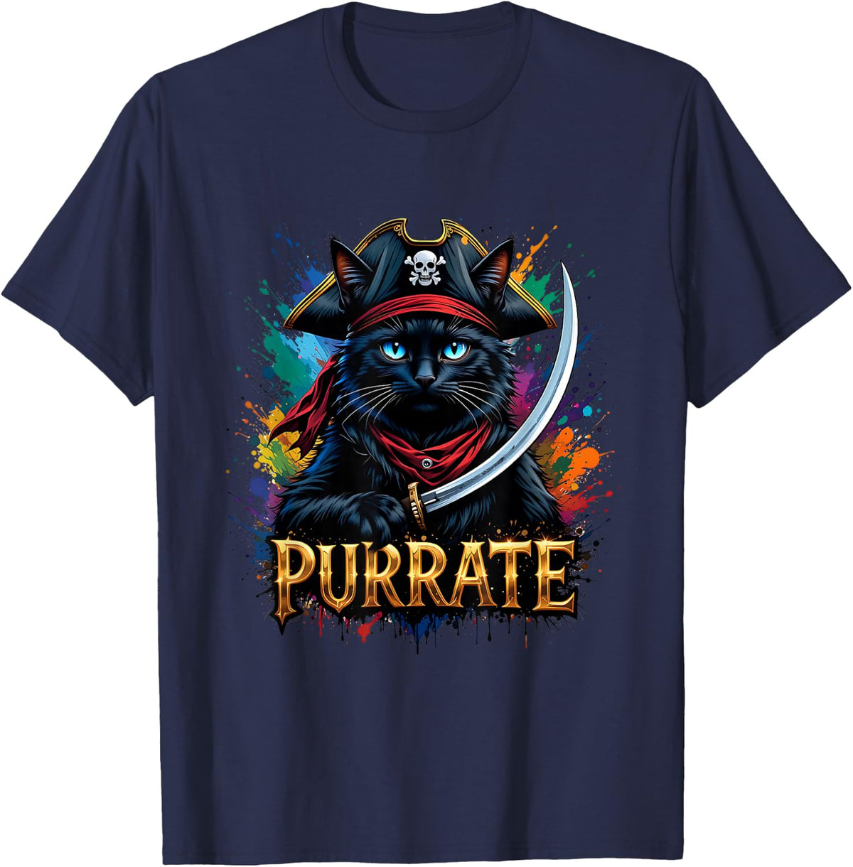 Cat Purrate Cat Kitty Lover Adventure Memes Cat Pirates T-Shirt - Navy Blue