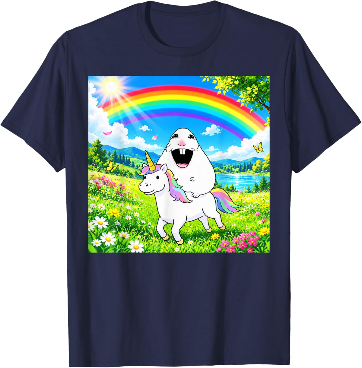 Happy Hamster Riding Unicorn Gen Alpha Gen Z Funny Meme T-Shirt - Navy Blue