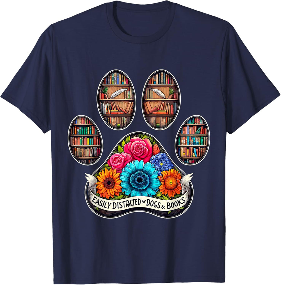Easily Distracted by Dogs and Books T-Shirt - Navy Blue