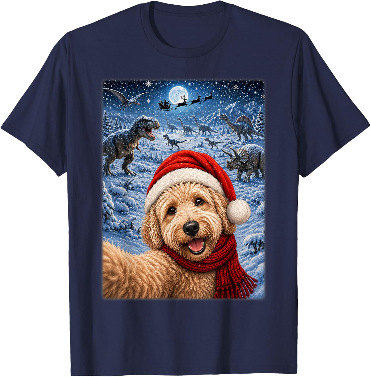 Goldendoodle Dog Christmas Moon Night Starry Dinosaurs Xmas T-Shirt - Navy Blue